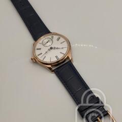 いつ見ても何度見ても美しい/レトロビッグケース【シーガル手巻き/新品】裏スケ スモセコ ローズゴールド/象牙色文字盤/ロイヤルブルー革の画像