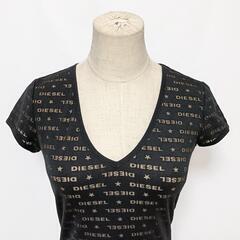 DIESEL ディーゼル 総柄 Vネック 半袖 Tシャツ カットソー 黒 S レディースの画像