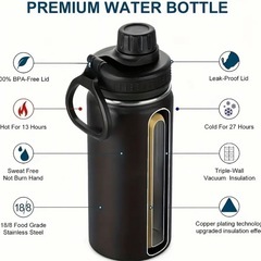 ❤︎【新品✨大容量ステンレスボトル】スタイリッシュなブラック／約950ml／真空断熱＆漏れ防止キャップ付き‼️💧の画像