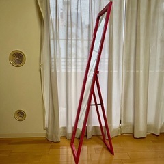 姿見　全身鏡 スタンドミラー  ピンク  木製 折りたたみの画像