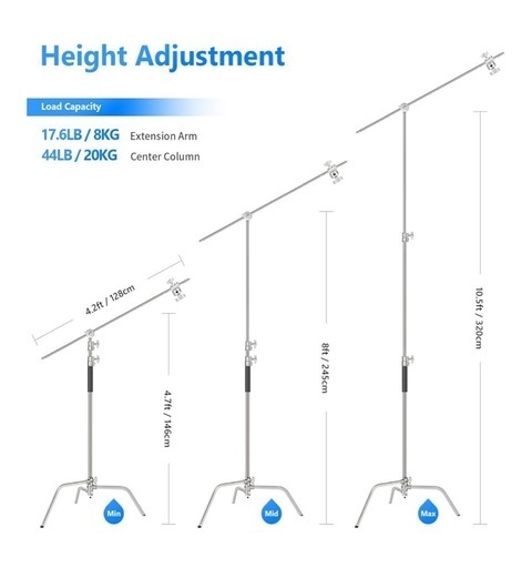 NEEWER Cスタンド センチュリースタンド ブームアーム付き プロ100%ステンレス鋼製 最大高さ320cm 撮影用ライトスタンド