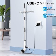 電動ブラシ 掃除電動スピンスクラバー 交換可能なブラシヘッド9個付き フルボディ IPX7 防水コードレスパワークリーニングブラシ 調節可能な延長ハンドル付き 3速シャワースクラバー 家庭用 (ロングポールスタイル)の画像