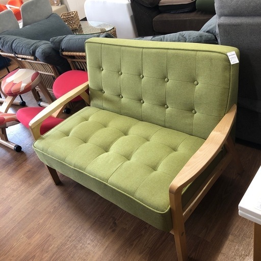 2人掛けソファー　ファブリック　ナチュラル×グリーン【取りに来れる方限定】