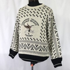Vintage★ツンドラ/TUNDRA CANADA★カナダ/鳥刺繍/デザインニット/厚手セーター【men's-M（日本L相当)白×黒/総柄】Tops/sweater◆cBH557の画像