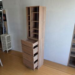 未使用訳あり ランドリーチェスト 幅45.5 奥行32 高さ180 cm ナチュラル 省スペース 洗面所 ランドリー オープン棚 台 引出し チェストの画像
