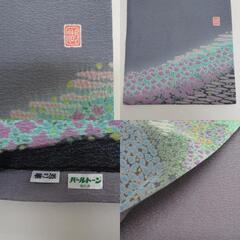 袋帯 洒落袋帯 辻が花 滝泰 落款入り グレーｘライトグリーンｘ多色 花畑模様 お太鼓柄 正絹 仕立て上がり 着物帯 長さ480cm 【キモノオフ野々市若松店】の画像