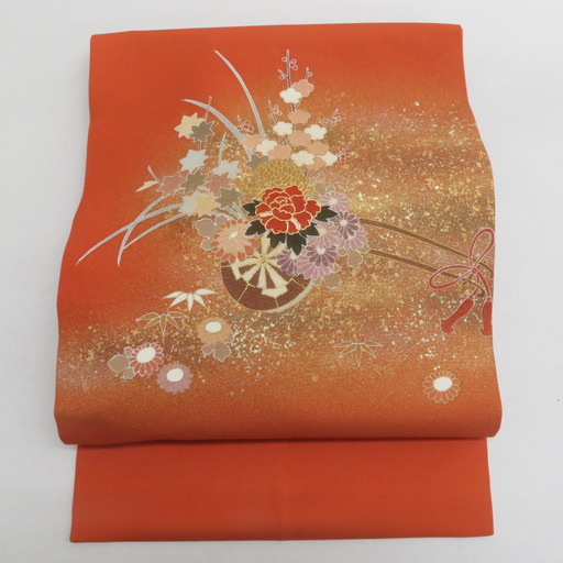 オレンジの名古屋帯〉SALE 塩瀬 花の帯 オレンジ 橙色 手描き