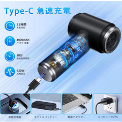 🌀【新品未使用】コードレス ハンディクリーナー 車用掃除機 20000Pa強力吸引 Type-C充電 軽量 ミニ掃除機 USB充電 エアダスター 吹き出し機能 HEPAフィルターの画像