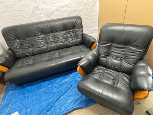 【バナナ】浜本工芸 美品 3人掛け 1人掛け回転 レザーソファー グリーン系