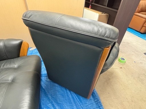 【バナナ】浜本工芸 美品 3人掛け 1人掛け回転 レザーソファー グリーン系