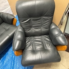 【バナナ苫小牧】浜本工芸 美品 3人掛け 1人掛け回転 レザーソファー グリーン系の画像