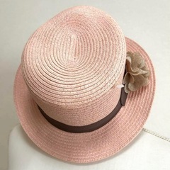 麦わら帽子 ピンク リボン コサージュ　57.5cmの画像