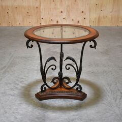 ≪★zyt2319ジ≫ アンティーク調ラウンドテーブル 直径66cm ガラス天板 アイアン おしゃれ/エレガント/丸テーブル/サイドテーブル/中古家具/宮城県仙台市 70704-06の画像