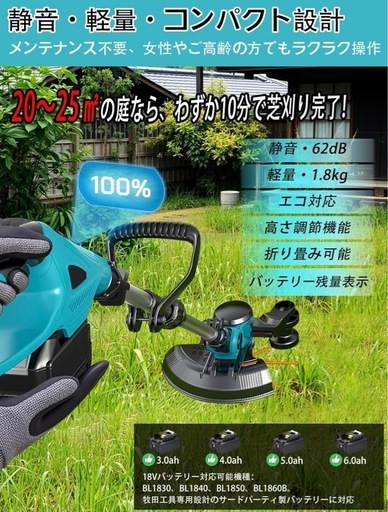 草刈り機 充電式 18V 互換 ブラシレス【令和7年 業界初の伸縮1.6m】 23-25cm刃幅 4Ah2本 60dB