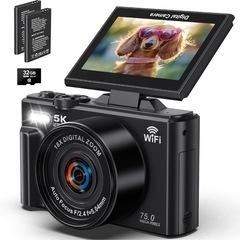 デジカメ 5K録画 7500万画素 Wi-Fi機能 180度回転...