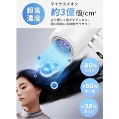 ヘアドライヤー  マイナスイオン3億個　ホワイト　速乾　　3つの送風モード　大風量の画像