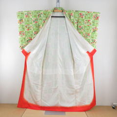 小紋 袷 市松に花々模様 黄緑ｘ赤オレンジｘ多色 型染め 正絹 広衿 仕立て上がり着物 身丈160cm 【キモノオフ野々市若松店】の画像