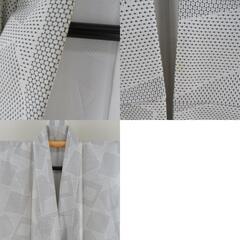 紬 着物 四角模様 白色ｘ黒色 格子に亀甲 バチ衿 絹 仕立て上がり着物 身丈160cm 【キモノオフ野々市若松店】の画像