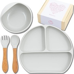 【新品・未使用】シリコン製ベビー用食器セット、3つの仕切り付きプレートとスプーン＆フォーク、ボウルの画像