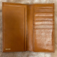 GUCCIグッチ札入れロングウォレット二つ折り長財布さいふサイフメンズレディース レザー牛革ブラウン茶色ユニセックス小銭入れ無しの画像