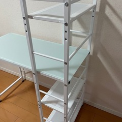 コンパクト デスク ガラス天板 収納棚 白   の画像