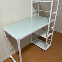 コンパクト デスク ガラス天板 収納棚 白   の画像