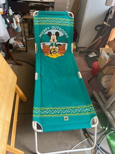 【別保】オールド ロゴス ミッキーマウス ビーチチェア デッキチェア アウトドア キャンプ 海水浴 グリーン 折り畳み椅子 中古