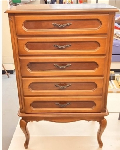 AY □ 猫脚５段チェスト □ カリモク家具　引き出し　物入れ　ビンテージ　アンティーク　茶系　長期保管品　中古