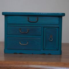ターコイズブルー色の木製ラックの画像