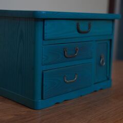 ターコイズブルー色の木製ラックの画像