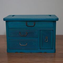 ターコイズブルー色の木製ラックの画像