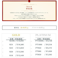 大黒屋仙台パルコ店 7/11　本日の貴金属の買取金額