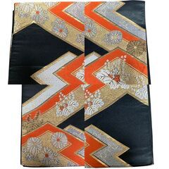 着物 帯 振袖 和服 桐 菊 家紋 黒 金色 大正 昭和 レトロの画像