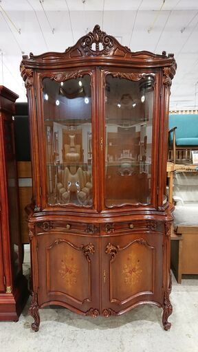 イタリア製｜ロココ様式｜象嵌細工｜ガラスキャビネット｜飾り棚｜鍵2本付