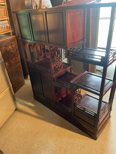 中国小叶紫檀家具 紫檀茶箪笥 アンティーク透かし彫り飾り棚 年代品