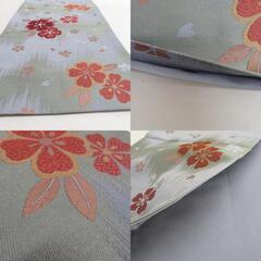 名古屋帯 京袋帯 ポリエステル 灰色ｘ緑色ｘエンジ色 六通柄 桜紋様 仕立て上がり 着物帯 長さ376cm 【キモノオフ野々市若松店】の画像
