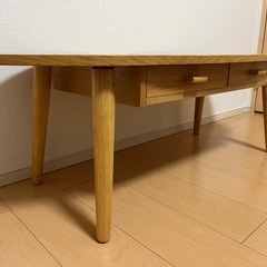 センターテーブル ローテーブル 幅110 Coln コルン 丸 楕円 オーバル型 木製 天然木 ワイド 引出し付き 机 北欧 可愛い おしゃれ リビング ナチュラルの画像