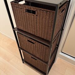 【美品】3段棚＋バスケット3個付き／ブラウンの画像