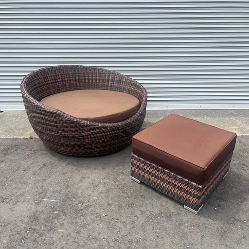 ガーデンチェア ラタン調 屋外 リゾート風 ソファー ムーンソファー ラウンドソファー クッション付　オットマン付