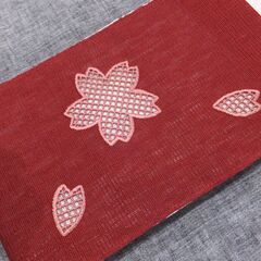 麻小袋帯★桜透かし★臙脂の画像