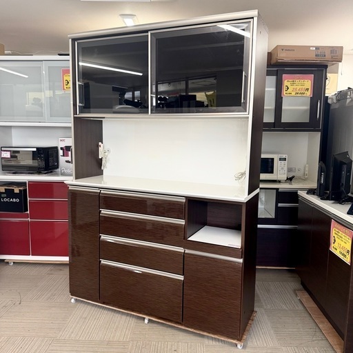 【超美品‼️】定価数十万♪ 超高級 シギヤマ家具 140cm幅キッチンボード 食器棚 収納家具 艶あり木目調ブラウン♪