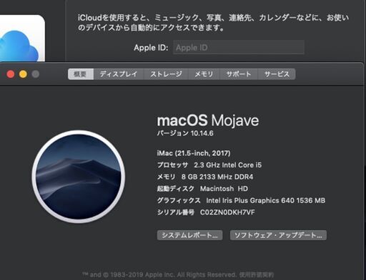 iMac（21.5インチ,2017）HDD1TB/8GB〈MMQA2J/A〉⑤
