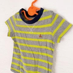 baby GAP 80サイズ(12-18M) ロンパース半袖 ストライプ グレー ライムグリーンの画像