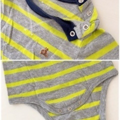 baby GAP 80サイズ(12-18M) ロンパース半袖 ストライプ グレー ライムグリーンの画像