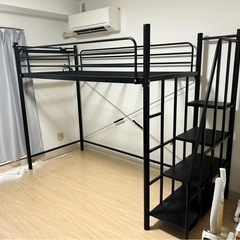 【お話し中】ロフトベッド ハイタイプ シングル 大人用 階段 宮棚 付き パイプ スチール 棚 ベッドフレームの画像