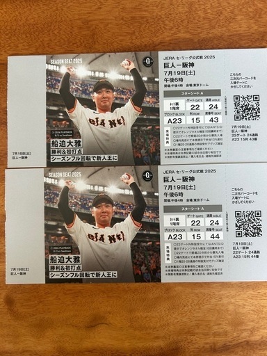 巨人対阪神　　7月19日　ナイター　ネット裏シーズンシート　２枚