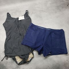 【LLサイズ】黒地に白のドット柄 ワンピース水着 ネイビーのショ...
