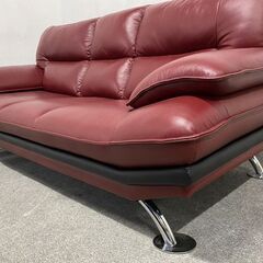 ニトリ 3人掛けレザーソファ ロゾ レッド 幅205 セミハイバック 革 リビング スタイリッシュ ポケットコイル 中古家具 店頭引取歓迎 R9800の画像