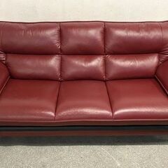 ニトリ 3人掛けレザーソファ ロゾ レッド 幅205 セミハイバック 革 リビング スタイリッシュ ポケットコイル 中古家具 店頭引取歓迎 R9800の画像