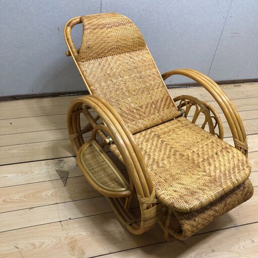 昭和レトロ ラタンリクライニングチェア オットマン付き 籐家具